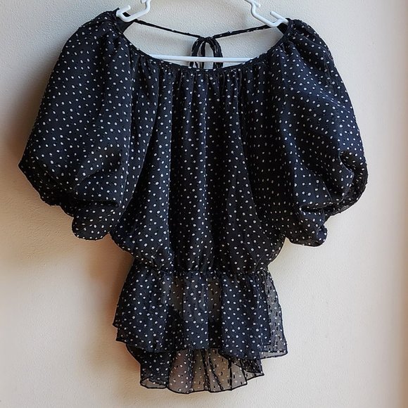Nasty Gal Black/White Polka Dot Balloon Sleeve Open Back Blouse Size 2 - Picture 6 of 16